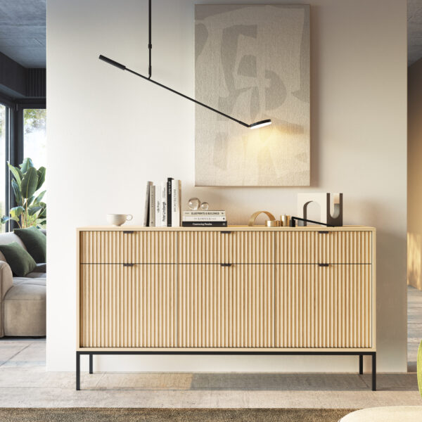 Commode NANAIMO KSZ154 - Oak Color - Black Handles - 3 Drawers - Width 154 cm, Height 83 cm, Depth 39 cm - Image 2