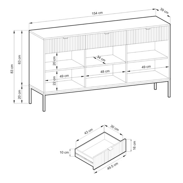 Commode NANAIMO KSZ154 - Oak Color - Black Handles - 3 Drawers - Width 154 cm, Height 83 cm, Depth 39 cm - Image 3