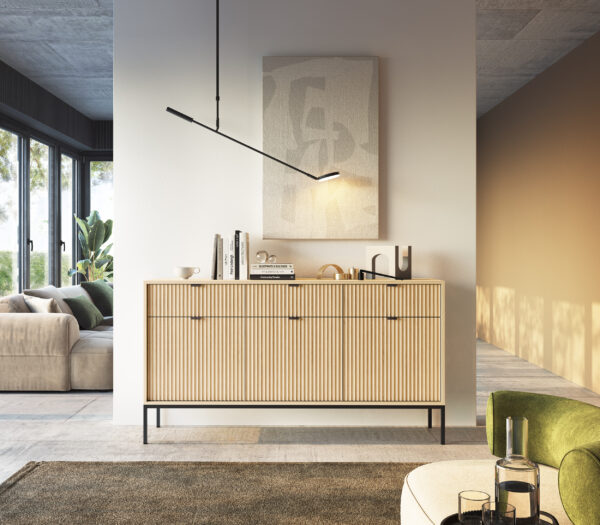 Commode NANAIMO KSZ154 - Oak Color - Black Handles - 3 Drawers - Width 154 cm, Height 83 cm, Depth 39 cm - Image 6