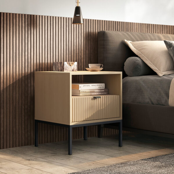 Nightstand NANAIMO - Oak Color - Black Handles - With Drawer - Width 54 cm, Height 56 cm, Depth 39 cm - Image 2
