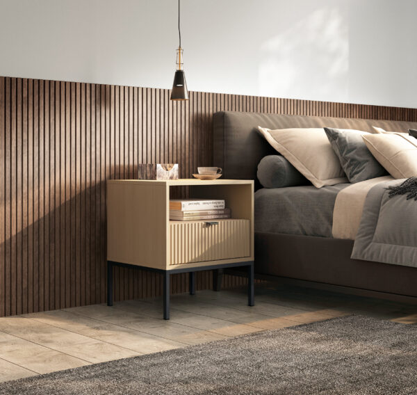 Nightstand NANAIMO - Oak Color - Black Handles - With Drawer - Width 54 cm, Height 56 cm, Depth 39 cm - Image 6