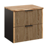 Wall-Mounted Vanity Unit with Worktop TILO – Black Body – Grooved Wotan Oak Fronts – 2 Drawers – 60 x 60 x 46 cm