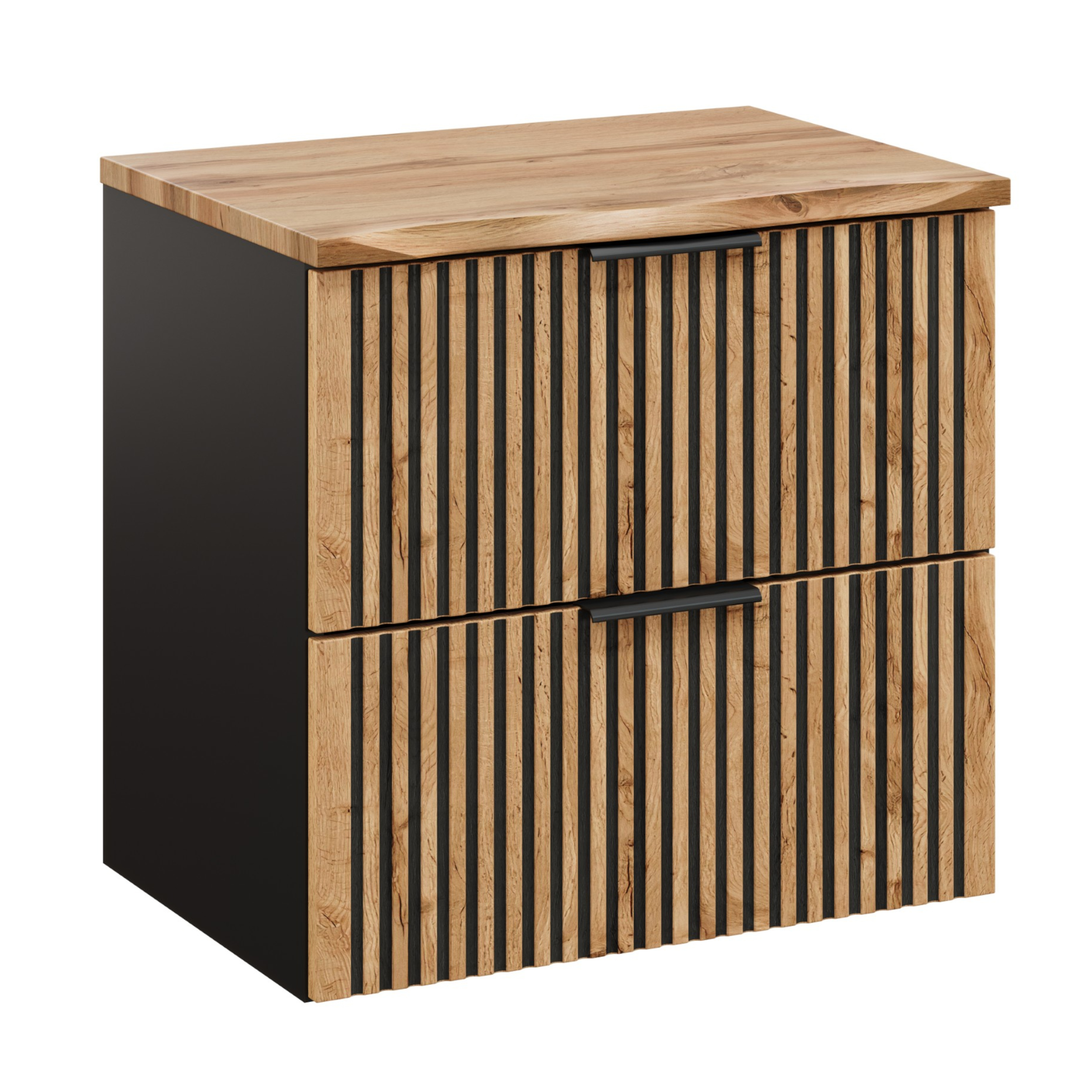 XMEBLAZSETCM00201102_00-2.jpg Wall-Mounted Vanity Unit with Worktop TILO – Black Body – Grooved Wotan Oak Fronts – 2 Drawers – 60 x 60 x 46 cm - Image 1