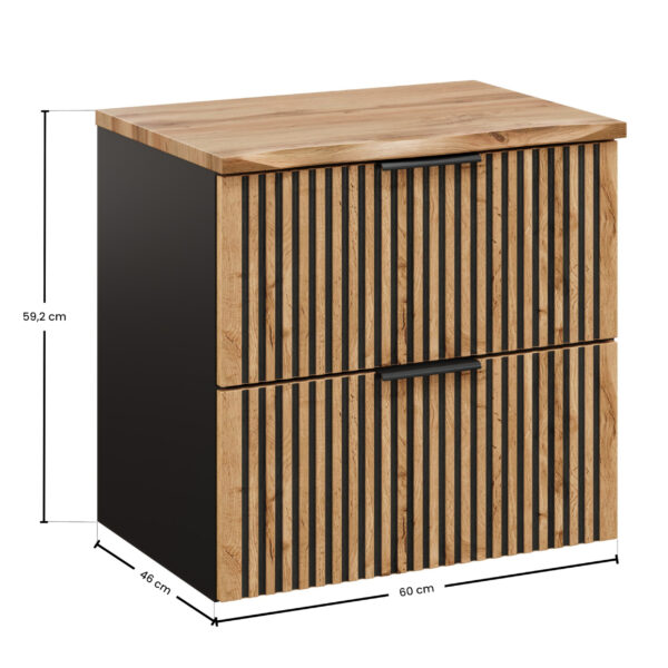 Wall-Mounted Vanity Unit with Worktop TILO – Black Body – Grooved Wotan Oak Fronts – 2 Drawers – 60 x 60 x 46 cm - Image 2