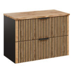Wall-Mounted Vanity Unit with Worktop TILO – Black Body – Grooved Wotan Oak Fronts – 2 Drawers – 80 x 60 x 46 cm
