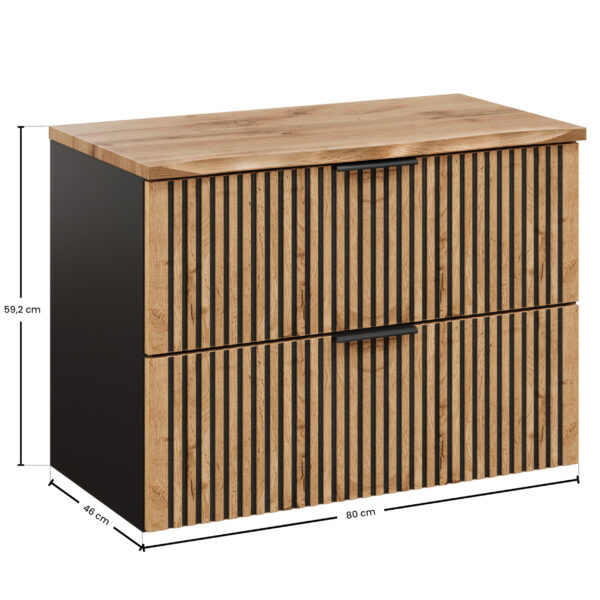 Wall-Mounted Vanity Unit with Worktop TILO – Black Body – Grooved Wotan Oak Fronts – 2 Drawers – 80 x 60 x 46 cm - Image 2
