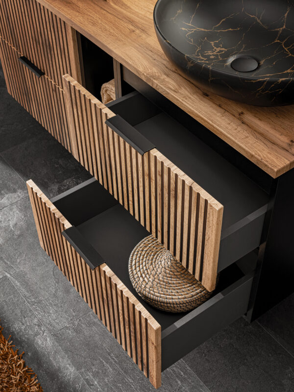 Wall-Mounted Vanity Unit with Worktop TILO – Black Body – Grooved Wotan Oak Fronts – 2 Drawers – 80 x 60 x 46 cm - Image 3