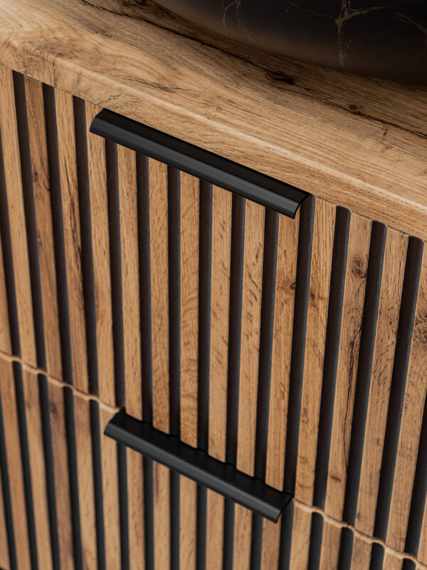 Wall-Mounted Vanity Unit with Worktop TILO – Black Body – Grooved Wotan Oak Fronts – 2 Drawers – 80 x 60 x 46 cm - Image 4