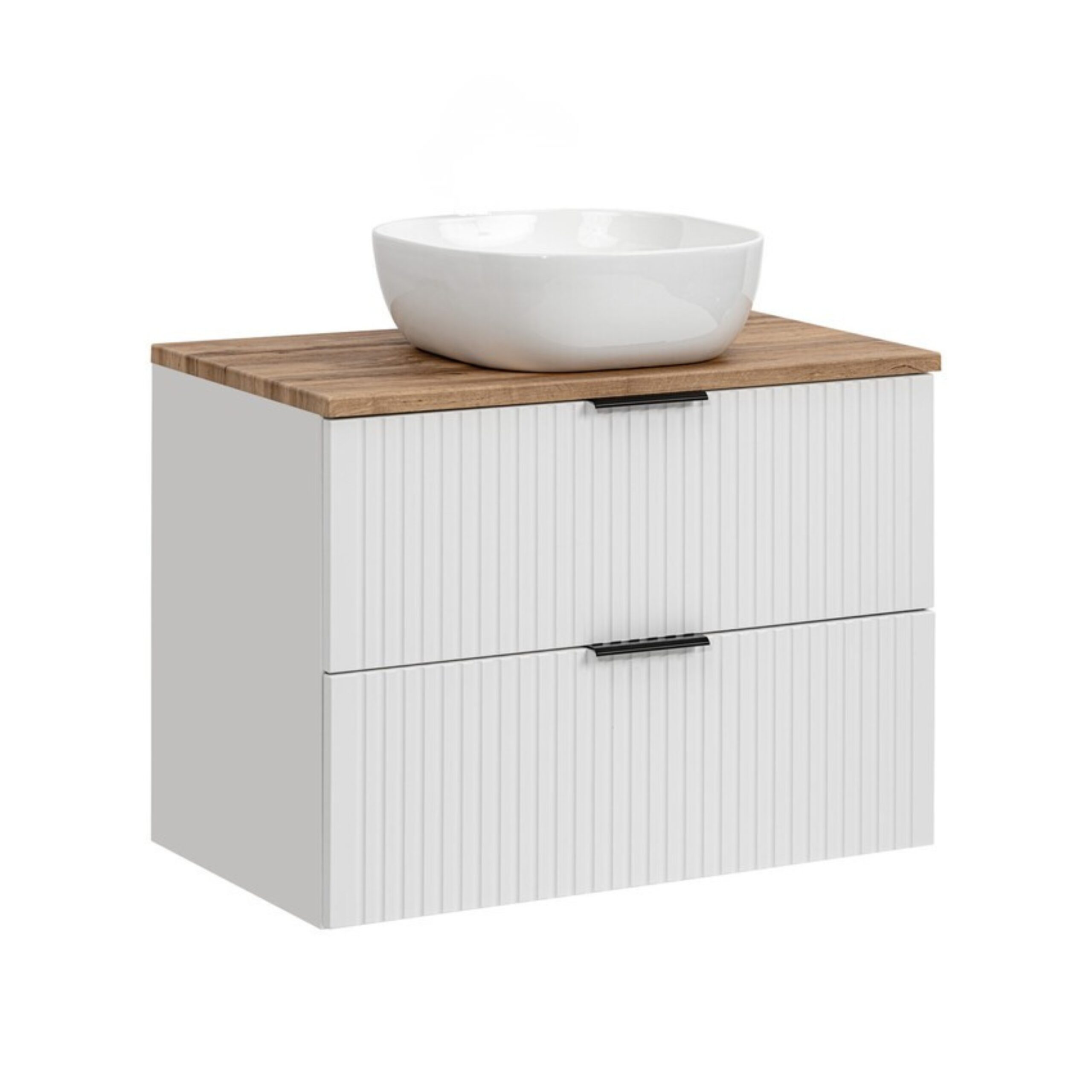 XMEBLAZSETCM00401103_00-2.jpg Wall-Mounted Vanity Unit with Washbasin and Worktop ADEN – White – Wotan Oak Worktop – 2 Drawers – 80 x 75 x 46 cm - Image 1