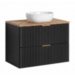 Wall-Mounted Vanity Unit with Washbasin and Worktop ADEN – Black – Wotan Oak Worktop – 2 Drawers – 80 x 75 x 46 cm