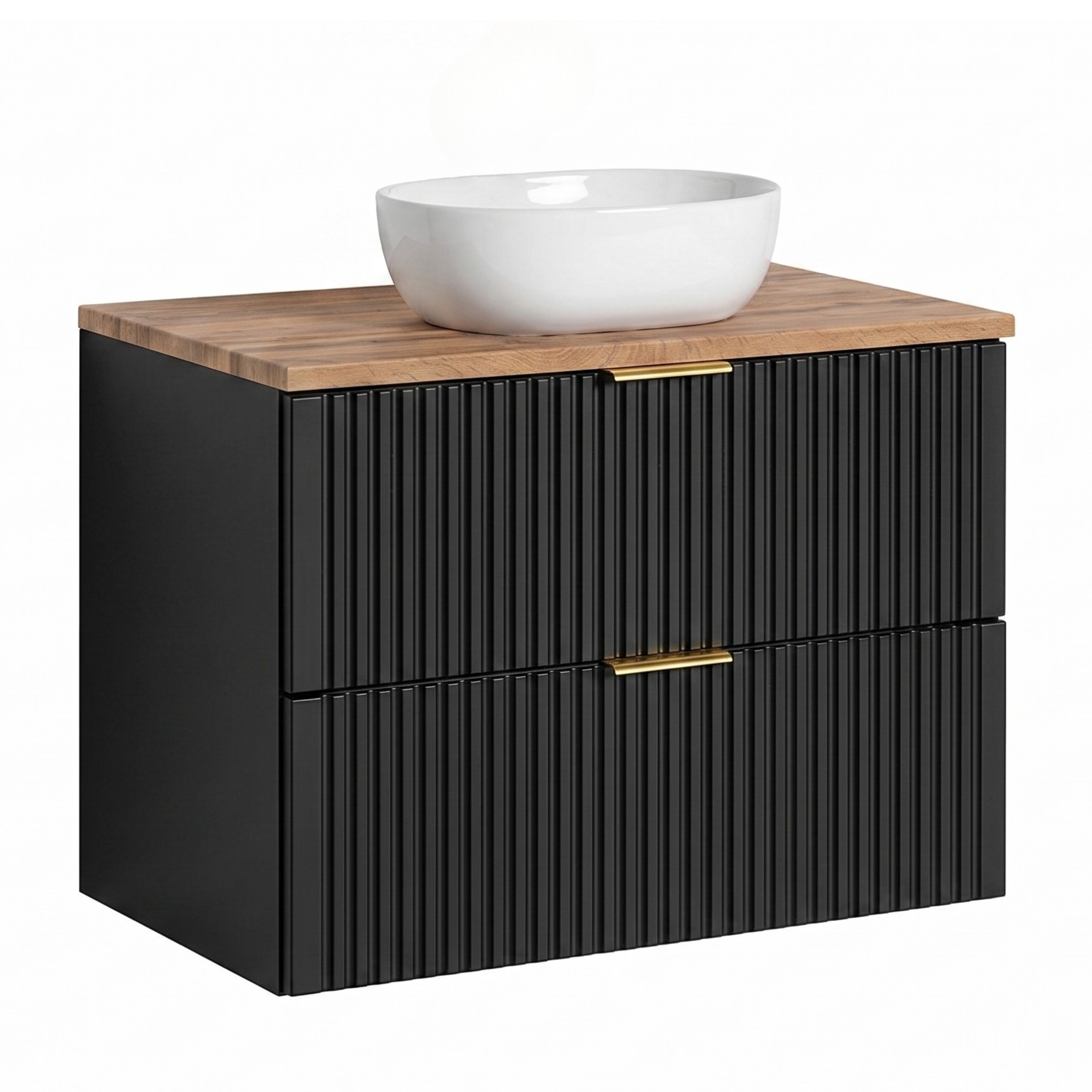 XMEBLAZSETCM00401203_00-2.jpg Wall-Mounted Vanity Unit with Washbasin and Worktop ADEN – Black – Wotan Oak Worktop – 2 Drawers – 80 x 75 x 46 cm - Image 1