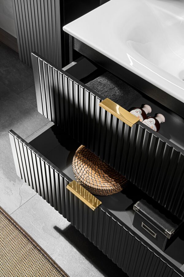 Wall-Mounted Vanity Unit with Washbasin and Worktop ADEN – Black – Wotan Oak Worktop – 2 Drawers – 80 x 75 x 46 cm - Image 4