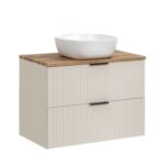 Wall-Mounted Vanity Unit with Washbasin and Worktop ADEN – Cashmere – Wotan Oak Worktop – 2 Drawers – 80 x 75 x 46 cm
