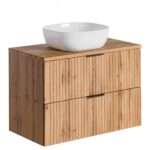 Wall-Mounted Vanity Unit with Washbasin and Worktop ADEN – Wotan Oak – Grooved Fronts – 2 Drawers – 80 x 75 x 46 cm
