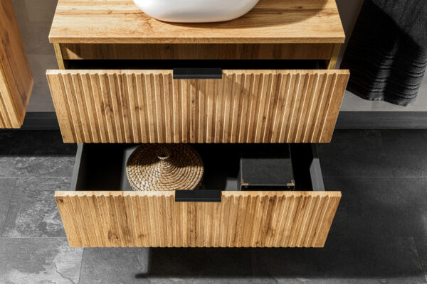Wall-Mounted Vanity Unit with Washbasin and Worktop ADEN – Wotan Oak – Grooved Fronts – 2 Drawers – 80 x 75 x 46 cm - Image 4