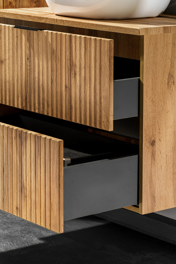 Wall-Mounted Vanity Unit with Washbasin and Worktop ADEN – Wotan Oak – Grooved Fronts – 2 Drawers – 80 x 75 x 46 cm - Image 5