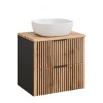 Wall-Mounted Vanity Unit with Washbasin and Worktop TILO – Black Body – Grooved Wotan Oak Fronts – 2 Drawers – 60 x 75 x 46 cm