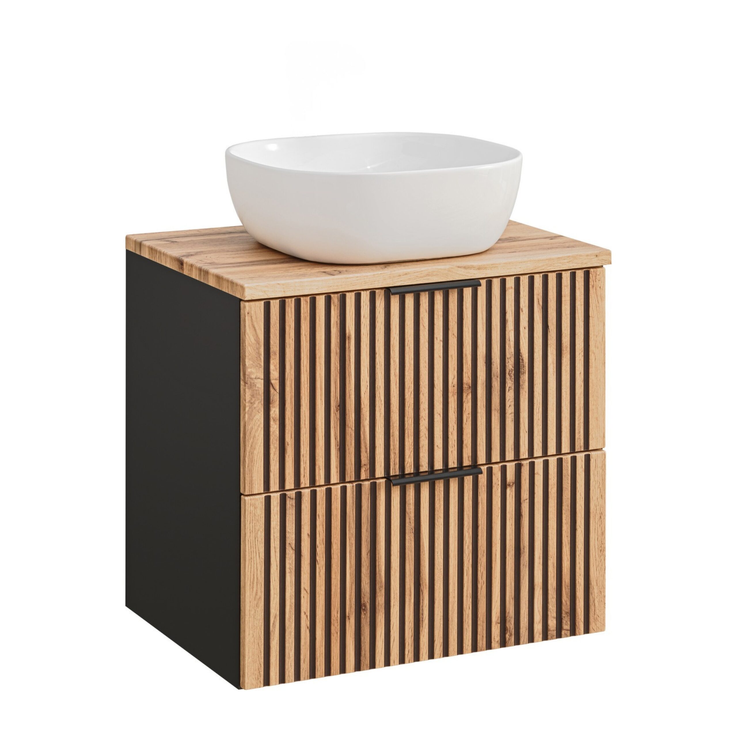 XMEBLAZSETCM00501103_00-2.jpg Wall-Mounted Vanity Unit with Washbasin and Worktop TILO – Black Body – Grooved Wotan Oak Fronts – 2 Drawers – 60 x 75 x 46 cm - Image 1