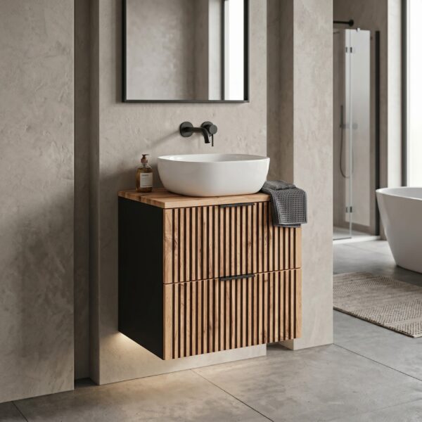 Wall-Mounted Vanity Unit with Washbasin and Worktop TILO – Black Body – Grooved Wotan Oak Fronts – 2 Drawers – 60 x 75 x 46 cm - Image 2
