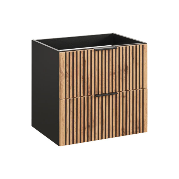 Wall-Mounted Vanity Unit with Washbasin and Worktop TILO – Black Body – Grooved Wotan Oak Fronts – 2 Drawers – 60 x 75 x 46 cm - Image 5