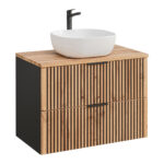 Wall-Mounted Vanity Unit with Washbasin and Worktop TILO – Black Body – Grooved Wotan Oak Fronts – 2 Drawers – 80 x 75 x 46 cm