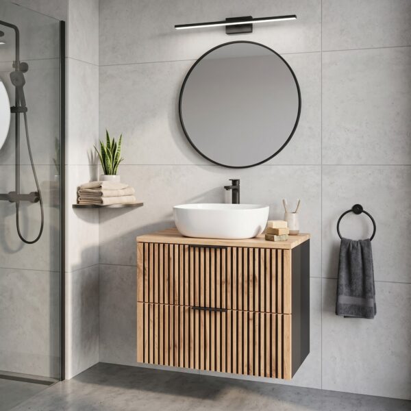 Wall-Mounted Vanity Unit with Washbasin and Worktop TILO – Black Body – Grooved Wotan Oak Fronts – 2 Drawers – 80 x 75 x 46 cm - Image 2