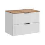 Wall-Mounted Vanity Unit with Worktop ADEN – White – Wotan Oak Worktop – 2 Drawers – 80 x 60 x 46 cm