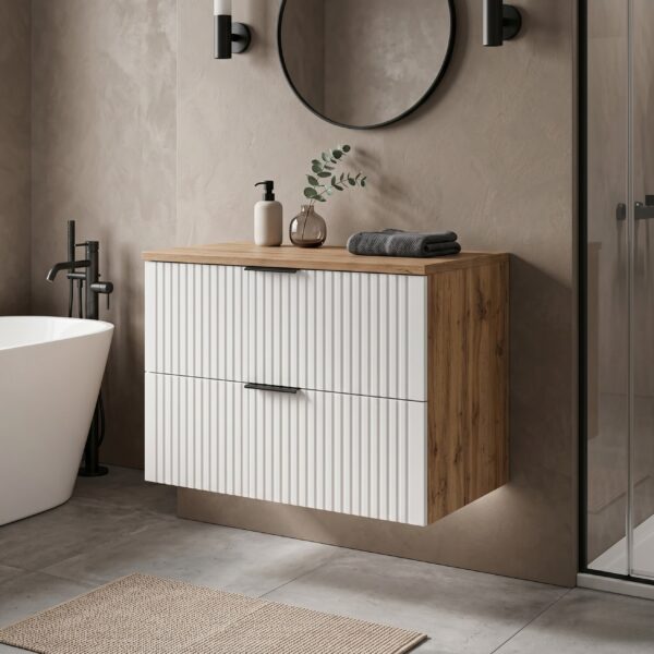 Wall-Mounted Vanity Unit with Worktop ADEN – White – Wotan Oak Worktop – 2 Drawers – 80 x 60 x 46 cm - Image 2