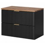 Wall-Mounted Vanity Unit with Worktop ADEN – Black – Wotan Oak Worktop – 2 Drawers – 80 x 60 x 46 cm