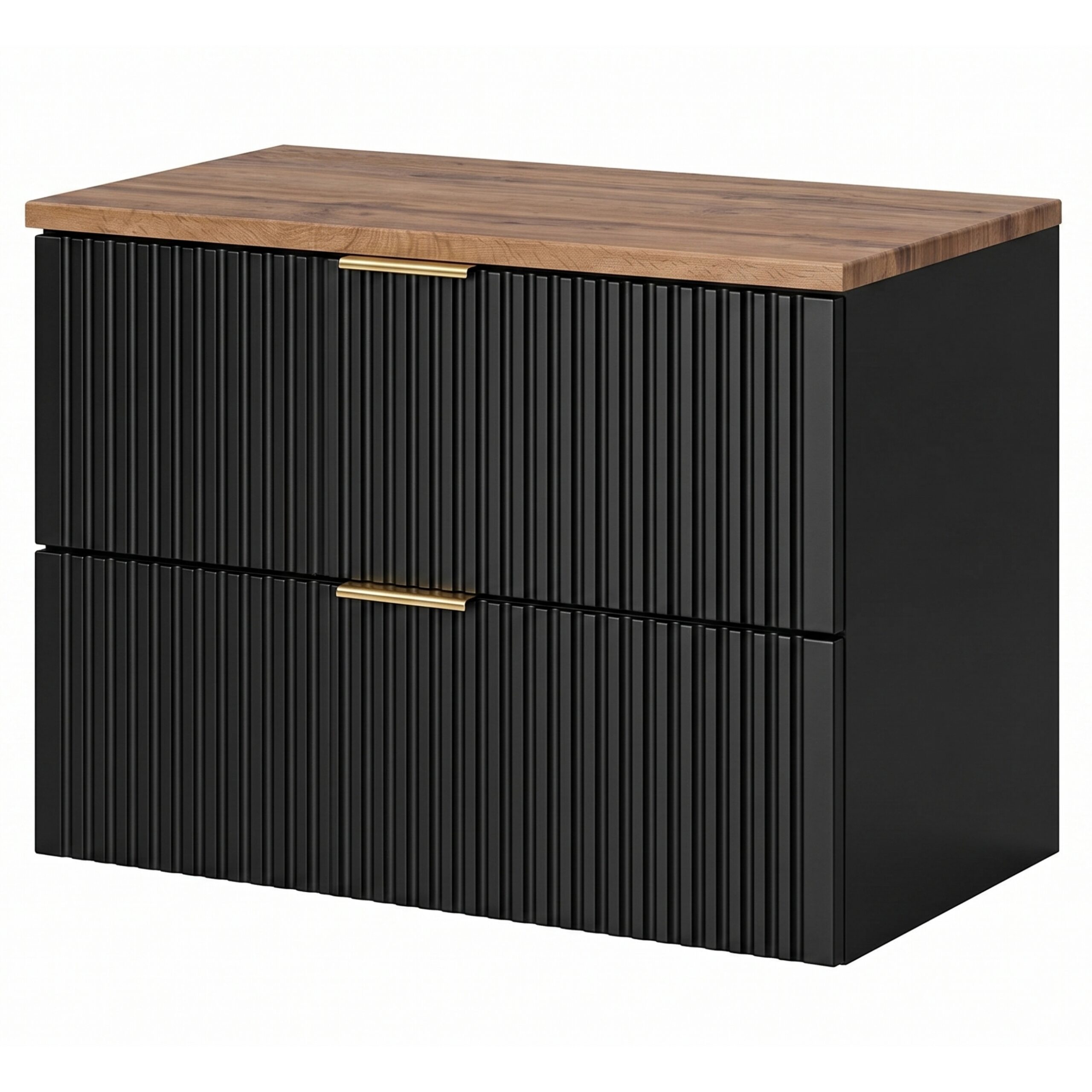 XMEBLAZSETCM00701202_00-2.jpg Wall-Mounted Vanity Unit with Worktop ADEN – Black – Wotan Oak Worktop – 2 Drawers – 80 x 60 x 46 cm - Image 1