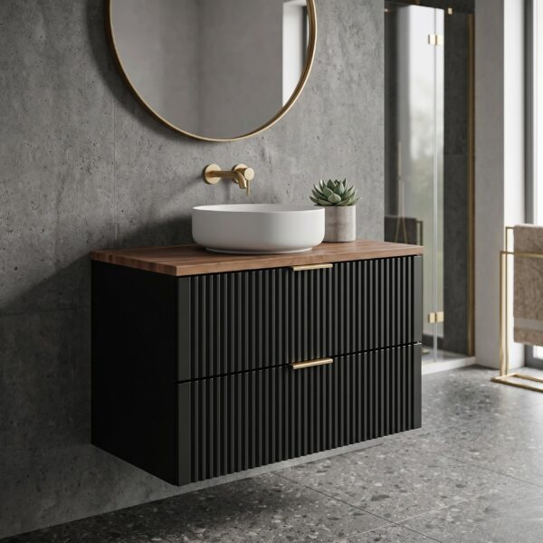 Wall-Mounted Vanity Unit with Worktop ADEN – Black – Wotan Oak Worktop – 2 Drawers – 80 x 60 x 46 cm - Image 2