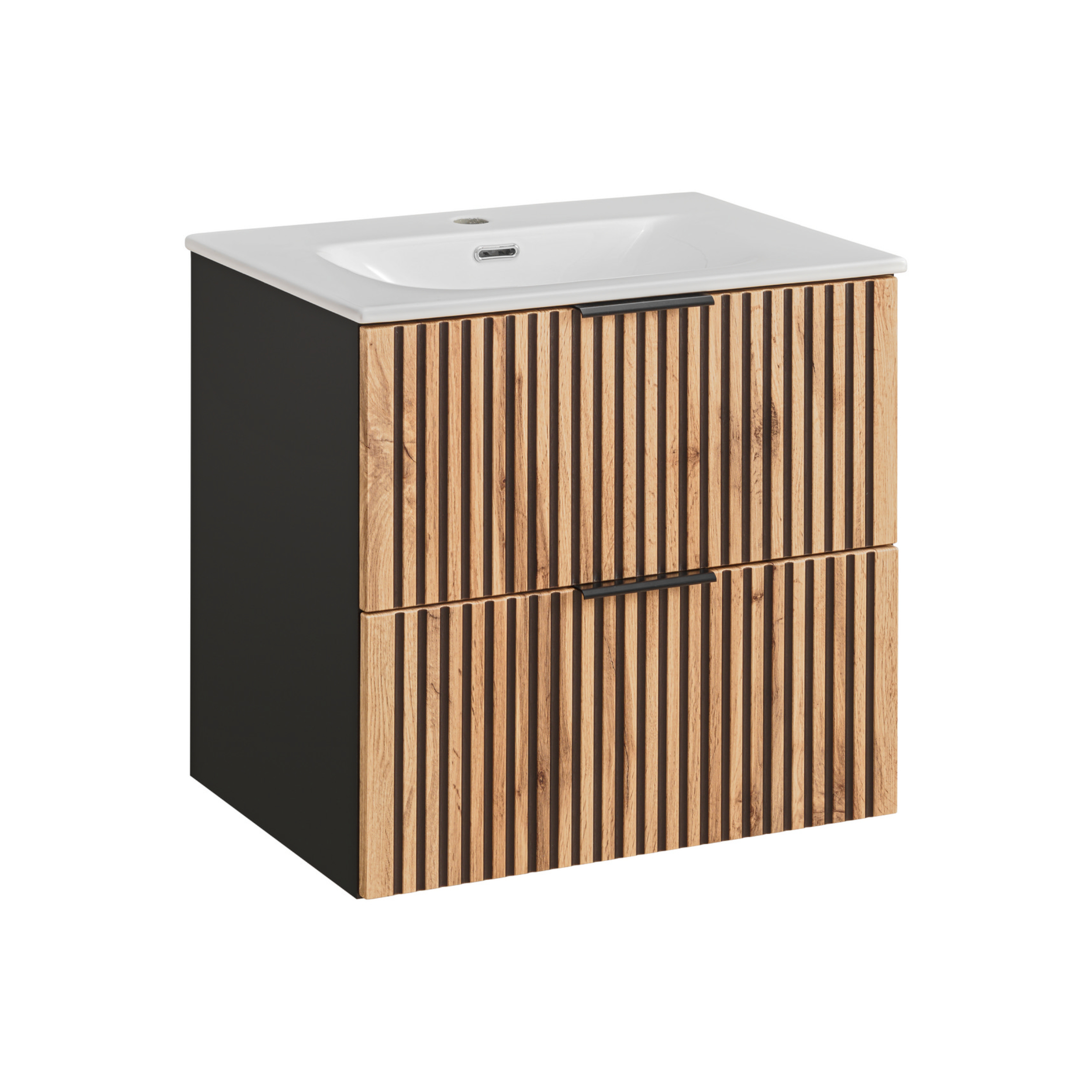 XMEBLAZSETCM00801103_00-2.jpg Wall-Mounted Vanity Unit with Washbasin and Siphon TILO – Black Body – Grooved Wotan Oak Fronts – 2 Drawers – 60 x 60 x 46 cm - Image 1