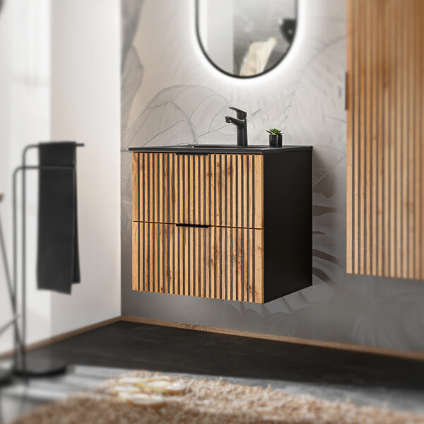 Wall-Mounted Vanity Unit with Washbasin and Siphon TILO – Black Body – Grooved Wotan Oak Fronts – 2 Drawers – 60 x 60 x 46 cm - Image 2