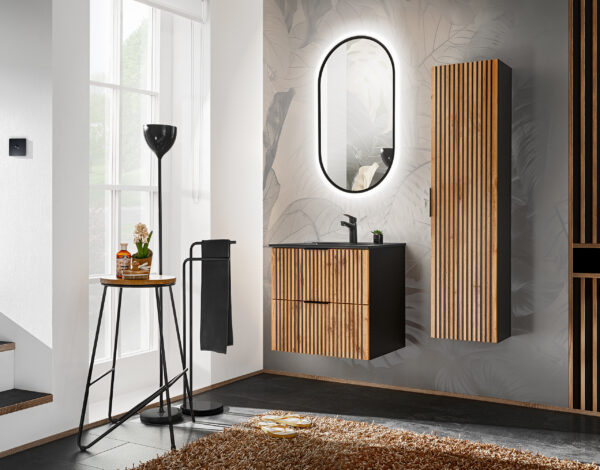 Wall-Mounted Vanity Unit with Washbasin and Siphon TILO – Black Body – Grooved Wotan Oak Fronts – 2 Drawers – 60 x 60 x 46 cm - Image 4