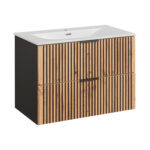 Wall-Mounted Vanity Unit with Washbasin and Siphon TILO – Black Body – Grooved Wotan Oak Fronts – 2 Drawers – 80 x 60 x 46 cm