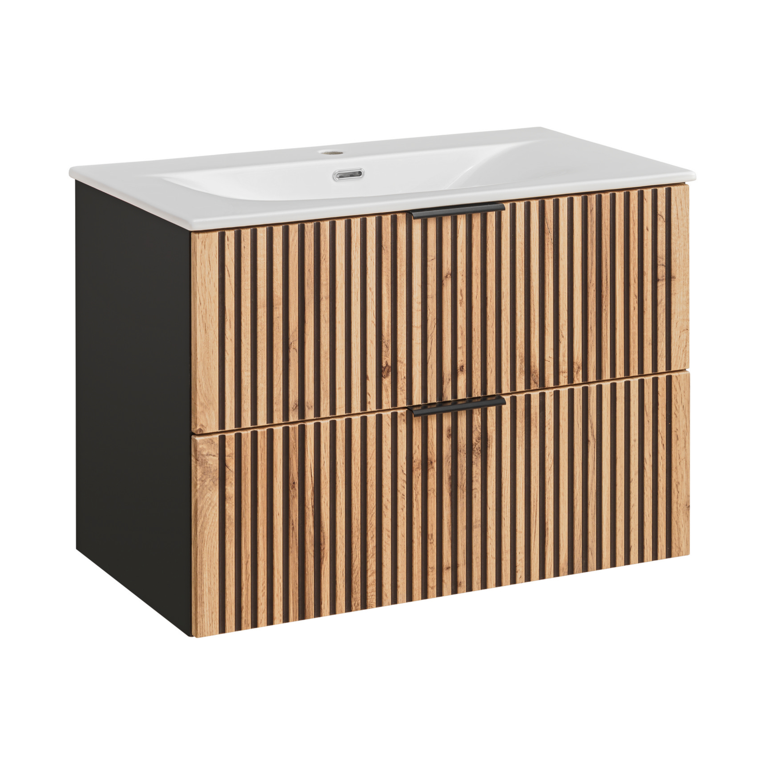 XMEBLAZSETCM00901103_00-2.jpg Wall-Mounted Vanity Unit with Washbasin and Siphon TILO – Black Body – Grooved Wotan Oak Fronts – 2 Drawers – 80 x 60 x 46 cm - Image 1