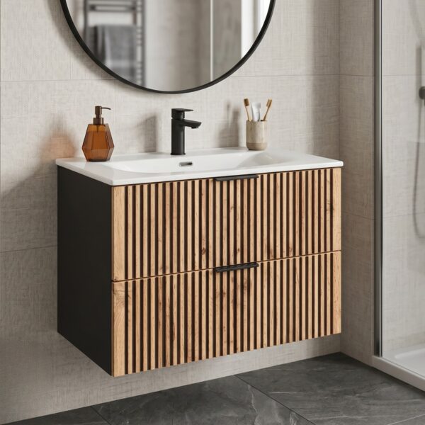 Wall-Mounted Vanity Unit with Washbasin and Siphon TILO – Black Body – Grooved Wotan Oak Fronts – 2 Drawers – 80 x 60 x 46 cm - Image 2