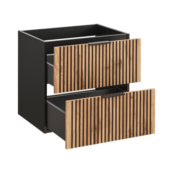 Wall-Mounted Vanity Unit with Washbasin and Siphon TILO – Black Body – Grooved Wotan Oak Fronts – 2 Drawers – 80 x 60 x 46 cm - Image 3
