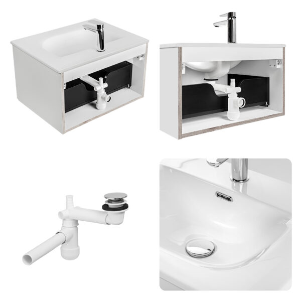 Wall-Mounted Vanity Unit with Washbasin and Siphon TILO – Black Body – Grooved Wotan Oak Fronts – 2 Drawers – 80 x 60 x 46 cm - Image 8