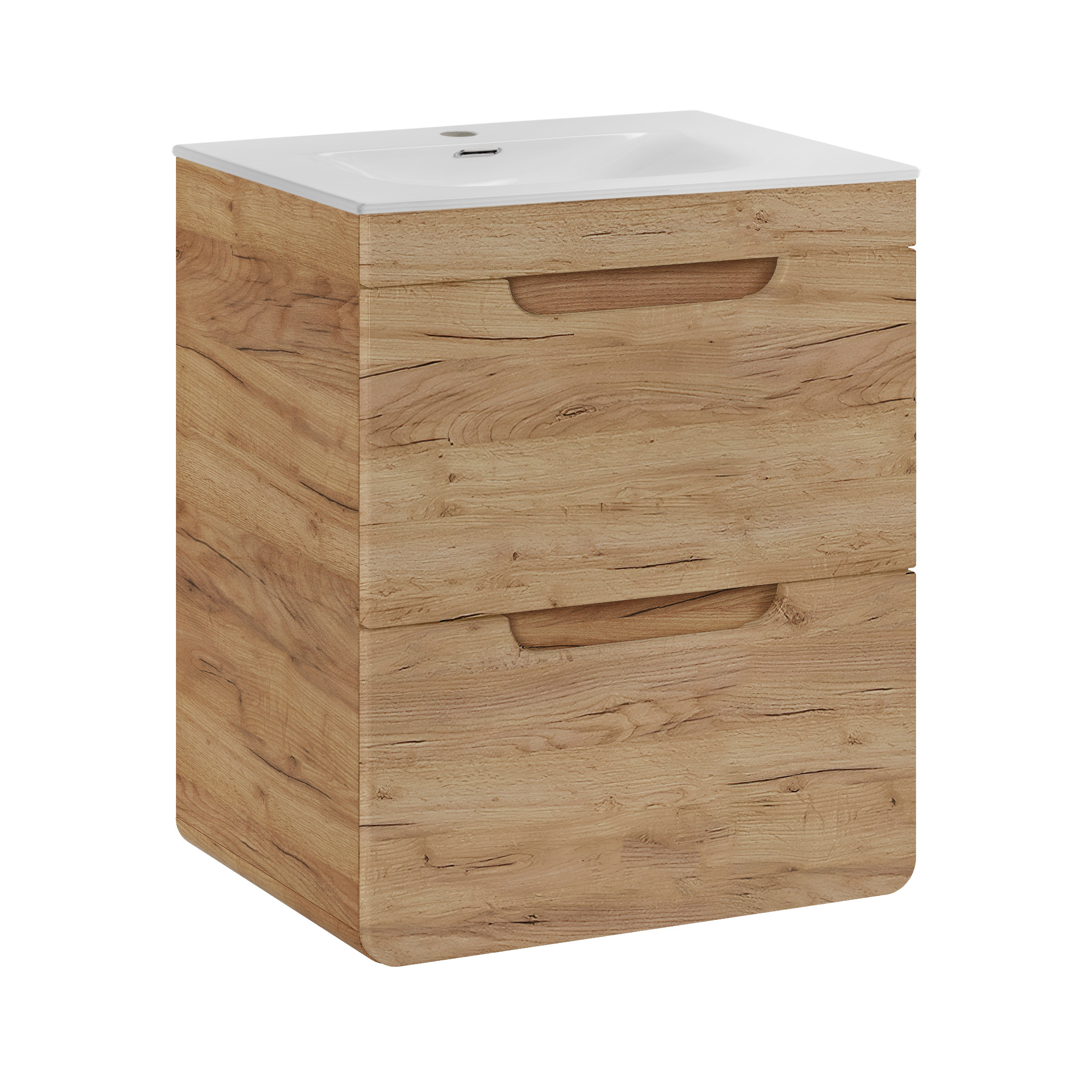 XMEBLAZSETCM01001103_00-2.jpg Wall-Mounted Vanity Unit with Washbasin and Siphon ARVIDA – Oak Finish – 2 Drawers – 60 x 59 x 46 cm - Image 1