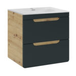 Wall-Mounted Vanity Unit with Washbasin and Siphon ARVIDA – Oak Finish – Grey Front – 2 Drawers – 60 x 59 x 46 cm