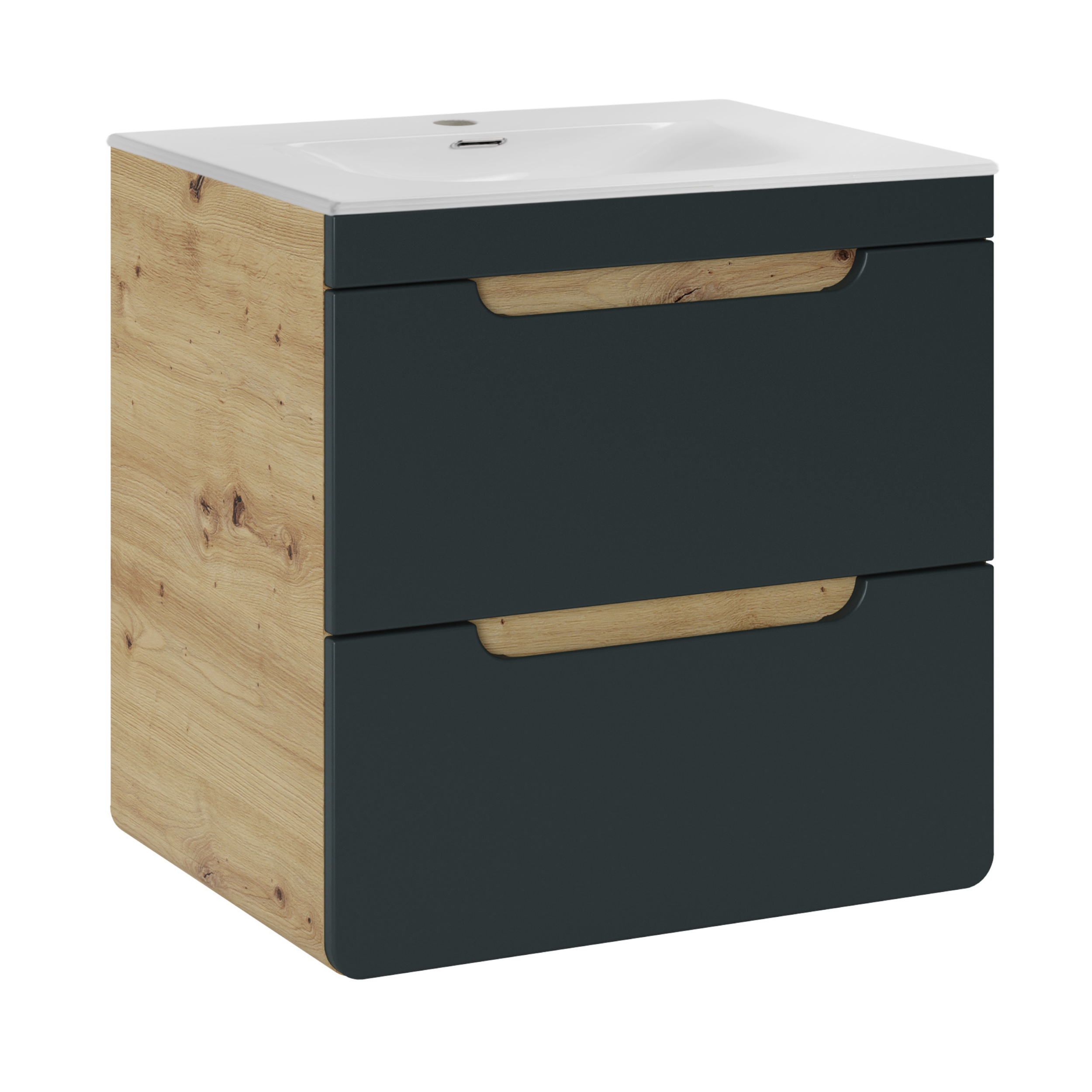 XMEBLAZSETCM01001303_00-2.jpg Wall-Mounted Vanity Unit with Washbasin and Siphon ARVIDA – Oak Finish – Grey Front – 2 Drawers – 60 x 59 x 46 cm - Image 1
