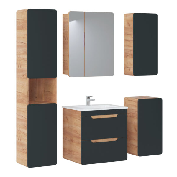 Wall-Mounted Vanity Unit with Washbasin and Siphon ARVIDA – Oak Finish – Grey Front – 2 Drawers – 60 x 59 x 46 cm - Image 3