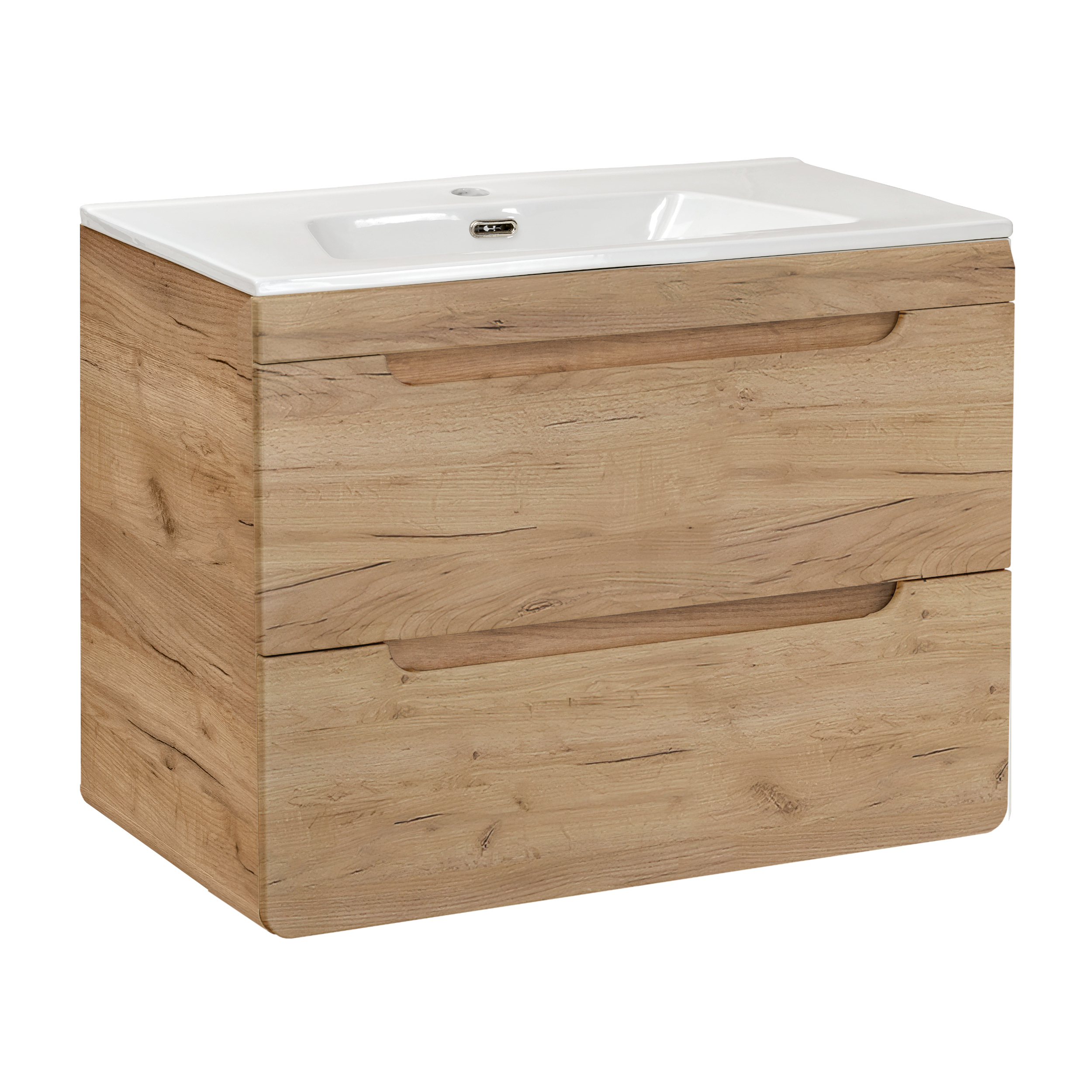 XMEBLAZSETCM01101103_00-2.jpg Wall-Mounted Vanity Unit with Washbasin and Siphon ARVIDA – Oak Finish – 2 Drawers – 80 x 59 x 46 cm - Image 1