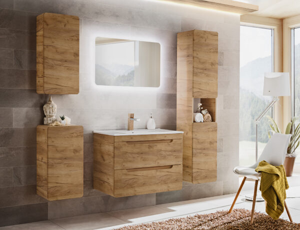 Wall-Mounted Vanity Unit with Washbasin and Siphon ARVIDA – Oak Finish – 2 Drawers – 80 x 59 x 46 cm - Image 4