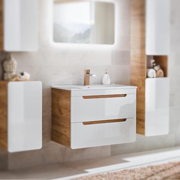 Wall-Mounted Vanity Unit with Washbasin and Siphon ARVIDA – White – 2 Drawers – 80 x 59 x 46 cm - Image 2