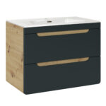 Wall-Mounted Vanity Unit with Washbasin and Siphon ARVIDA – Oak Finish – Grey Front – 2 Drawers – 80 x 59 x 46 cm