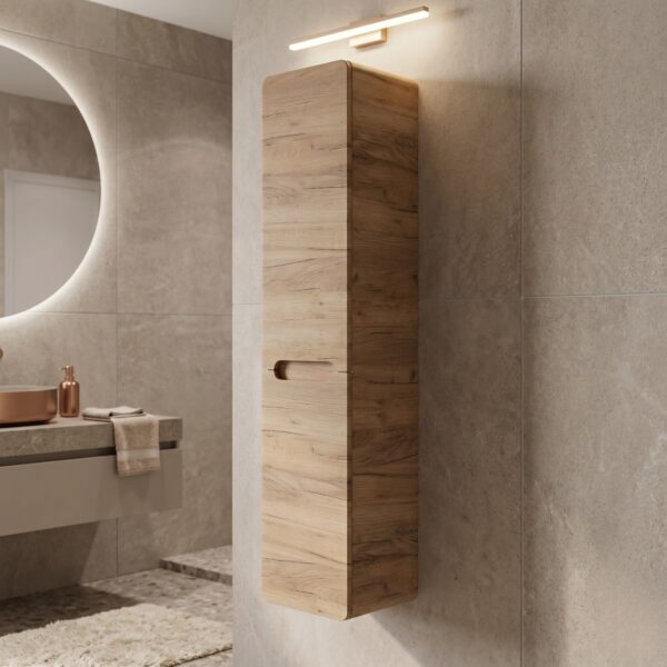 Tall Wall-Mounted Bathroom Cabinet ARVIDA – Oak Finish – 2 Doors – Built-In Basket – 35 x 170 x 35 cm - Image 2
