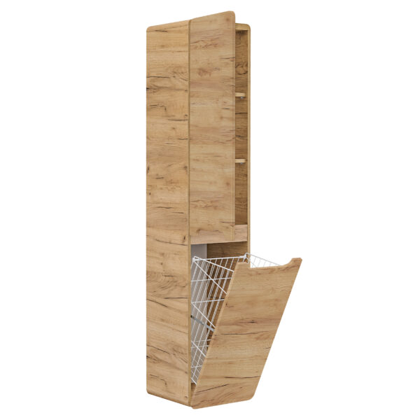 Tall Wall-Mounted Bathroom Cabinet ARVIDA – Oak Finish – 2 Doors – Built-In Basket – 35 x 170 x 35 cm - Image 3
