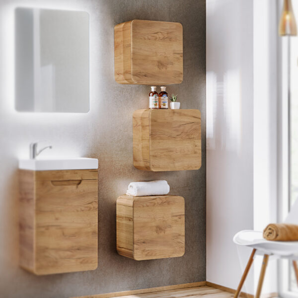 Square Wall-Mounted Bathroom Cabinet ARVIDA – Oak Finish – Rounded Corners – 35 x 35 x 22 cm - Image 2